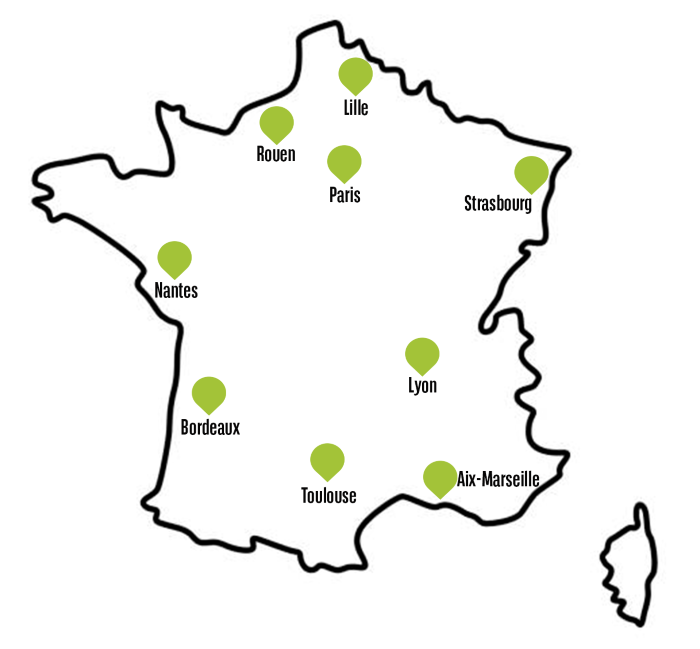 Carte de la France avec des points verts indiquant les emplacements des différentes régions