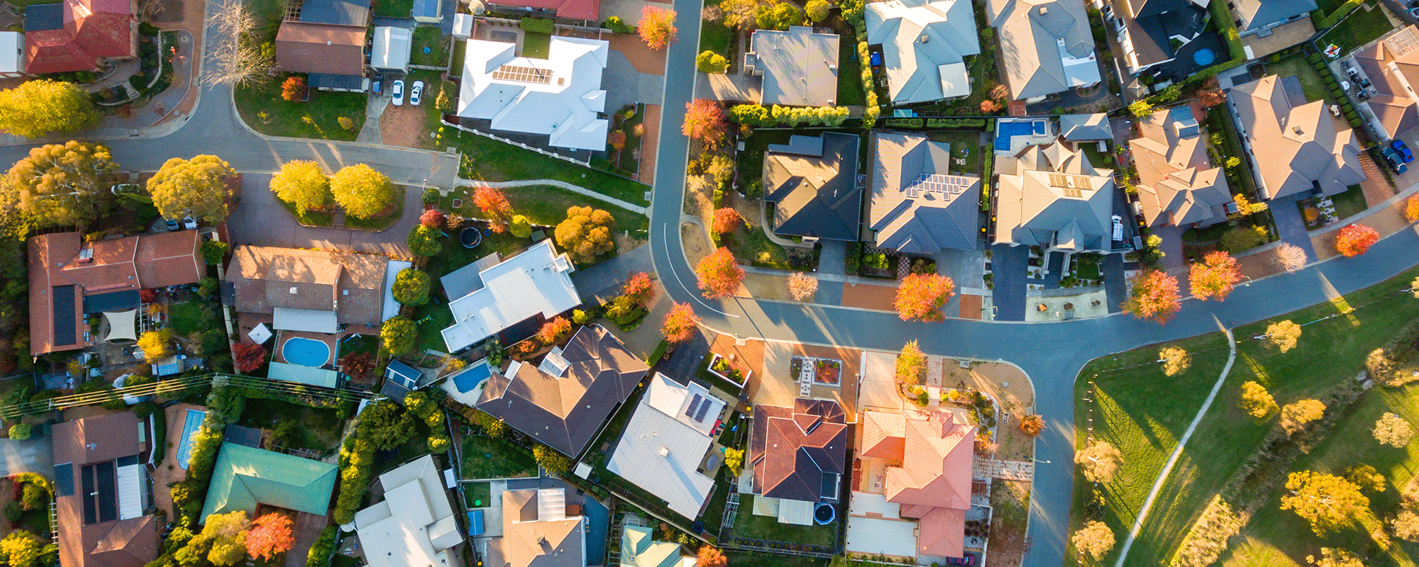 Une vue aérienne d'une banlieue avec des maisons et des arbres