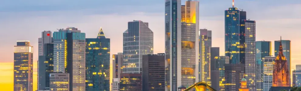 The panorama of Frankfurt with its skyscrapers and iconic buildings. A modern and dynamic urban view.